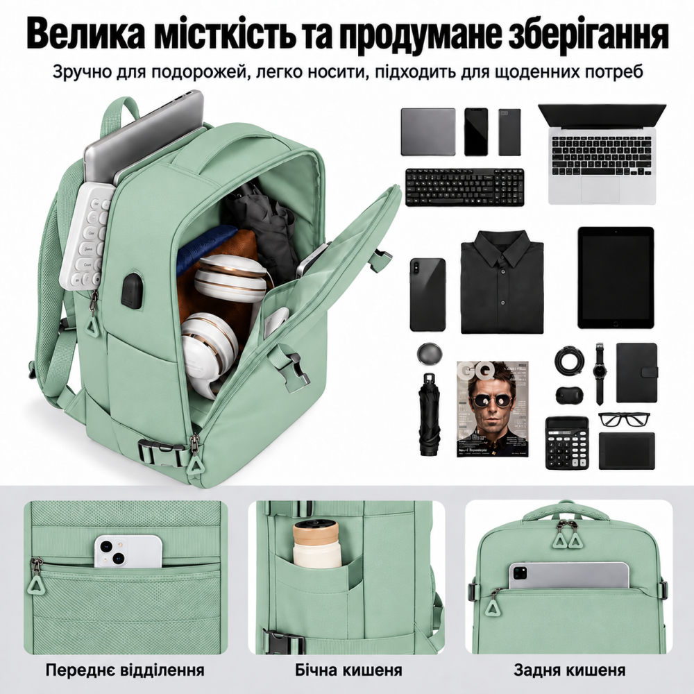 Рюкзак дорожный для ноутбука и аксессуаров для путешествий городской влагоcтойкий 40х20х30 см,зелёный Каменец-Подольский - изображение 5