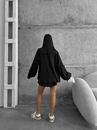 Жіночий літній оверсайз костюм-двійка: сорочка та шорти льон Чорний Одеса