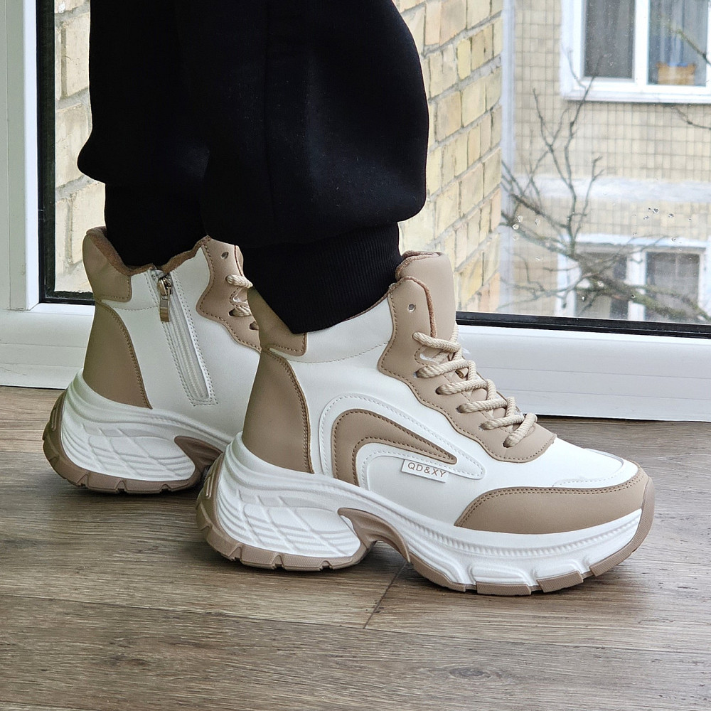 Жіночі зимові Бежеві Кросівки з МЕХОМ на Толстой Підошві Танкетке Черевики Шкіряні Білі (розміри: 36,37,38,39,40,41) — 9-2 Дніпро - фото 6