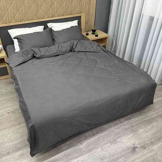 Комплект постельного белья Страйп-сатин Двуспальный 180х220 с простыней на резинке Графитовый (88-096) Киев