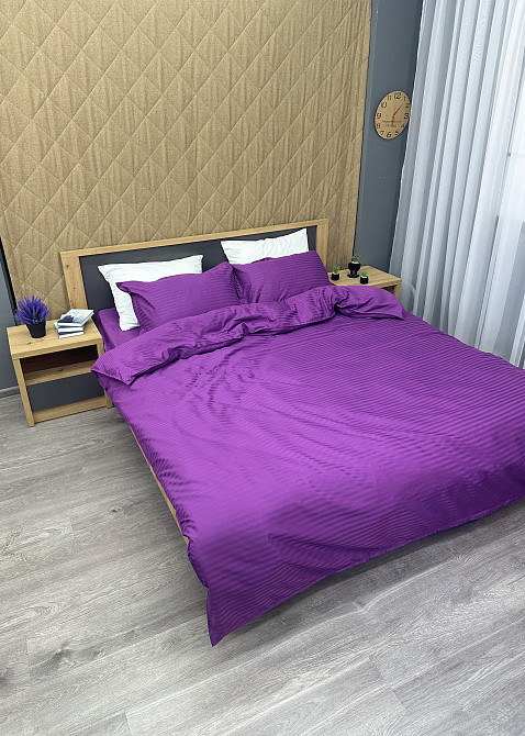 Комплект постельного белья Страйп-сатин Двуспальный 180х220 с простыней на резинке Фуксия (88-092) Киев - изображение 4