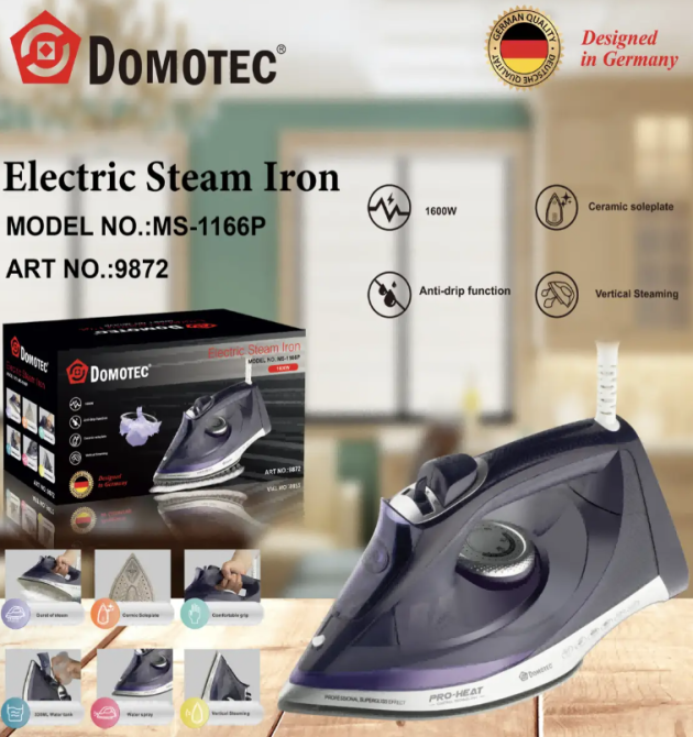 Праска Domotec MS-1166P 1600W з керамічною підошвою, функцією Анти-крапля та вертикальним відпарюванням Одеса - фото 1