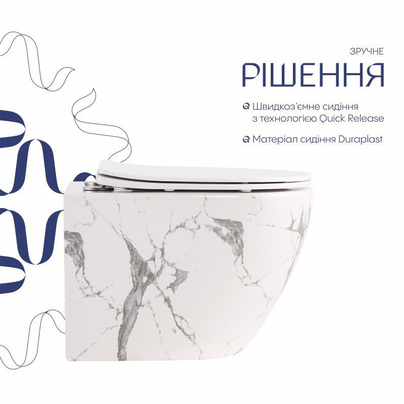 Унітаз підвісний Qtap Robin Ultra Quiet 520×365×340 мм, Marble, із сидінням Slim Duroplast/Soft-close/Quick Release Київ - фото 4