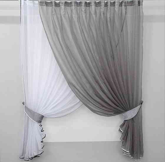 Кухонні шторки VR-Textil № 060к "Дует" з підв'язками сірий з білим 330х170 см (50-138) Київ