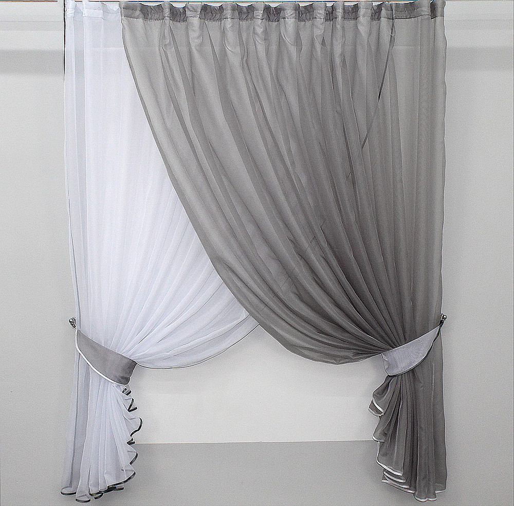Кухонні шторки VR-Textil № 060к "Дует" з підв'язками сірий з білим 330х170 см (50-138) Київ - фото 1