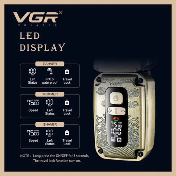 Набір для стрижки 3в1 VGR V-642 Gold: машинка, тример, шейвер IPX6, 4 швидкості, до 250 хв, LED, USB та метал Одеса