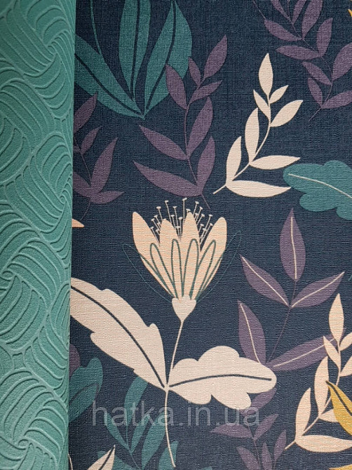 Шпалери вінілові Lutece Melody 51194501 квіти листя рожеві зелені на темно-синьому тлі Київ - фото 3