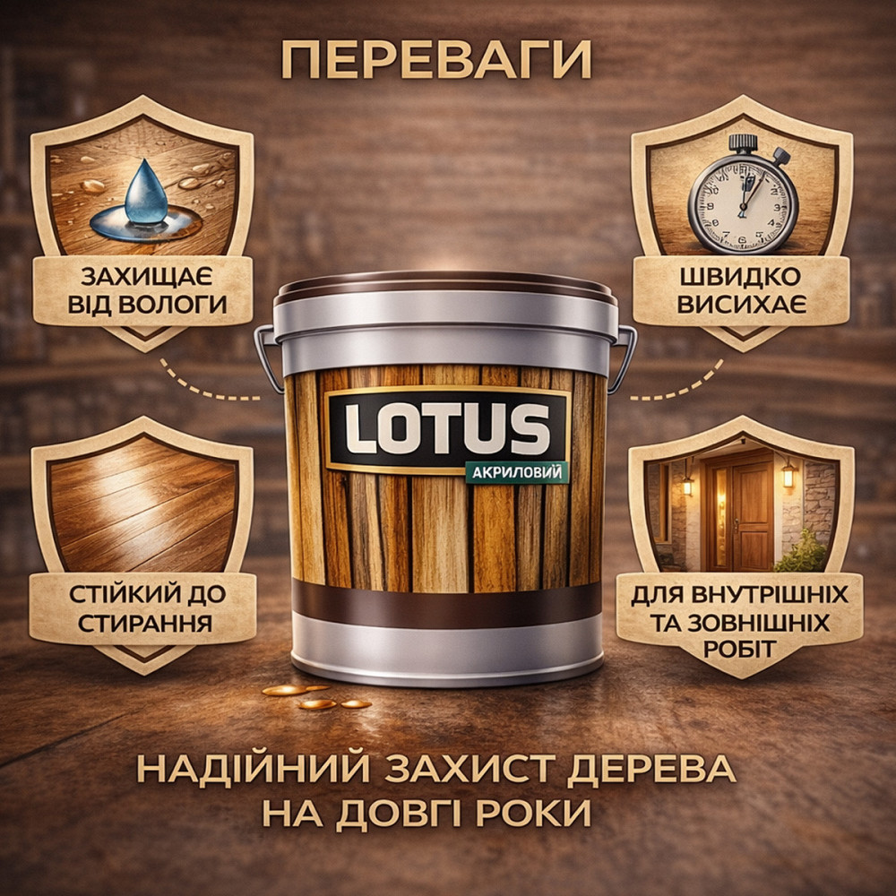Лак для дерева кольоровий LOTUS Сосна, глянцевий, без запаху, зносостійкий, для внутрішніх та зовнішніх робіт, 1 л Харків - фото 8