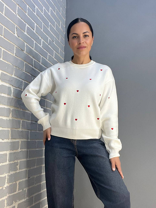 Светр жіночий A-N 7075 оверсайз широкий вишиті серця, білий, one size Київ - фото 19