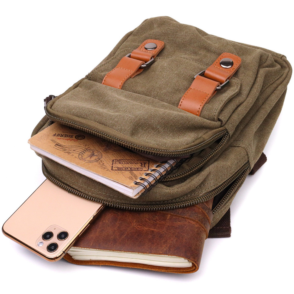 Сумка-рюкзак в стиле милитари с двумя отделениями из плотного текстиля Vintage 22163 Оливковый Киев - изображение 8