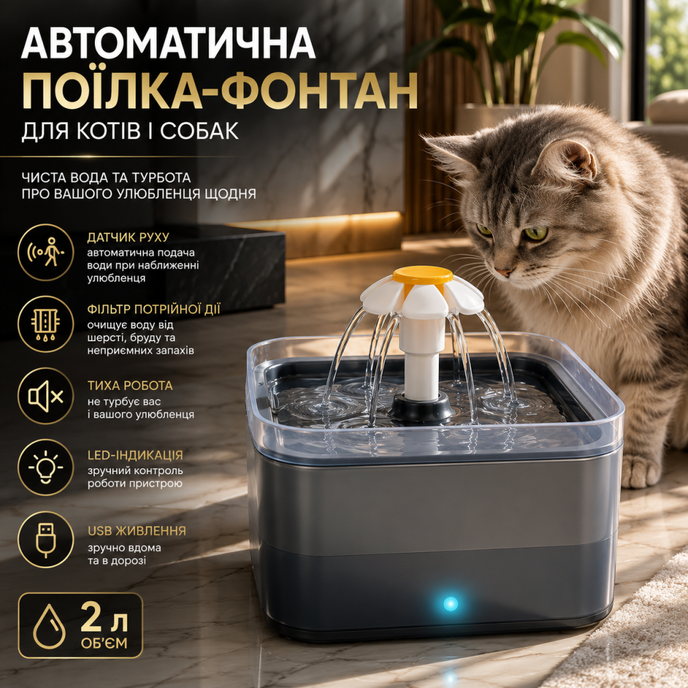 Автоматическая поилка-фонтан для кошек и собак 2 л USB с датчиком движения, фильтром и LED-индикацией, автопоилка, серая Киев - изображение 8