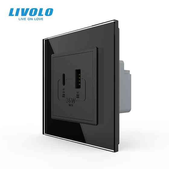 LIVOLO Розетка USB-A та USB-C з Power Delivery 36W LIVOLO чорна матова скло Коломыя