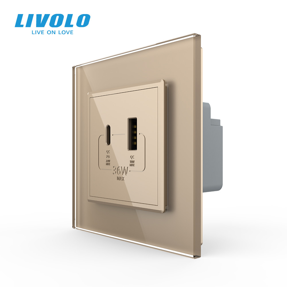 LIVOLO Розетка USB-A та USB-C з Power Delivery 36W Livolo золотий скло (VL-C7FCUA18W.UC18W-2AP) Коломия - фото 10