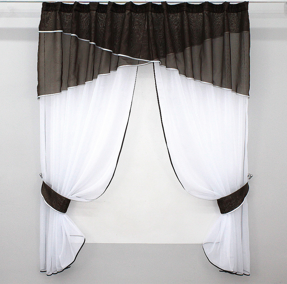 Кухонные шторы VR-Textil № 091к с ламбрекеном и подвязками венге с белым 270х170 см (50-856) Киев - изображение 1