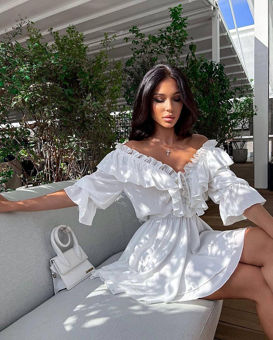 Женское нежное воздушное мини платье с пышной юбочкой креп шифон Белый Одесса - изображение 6