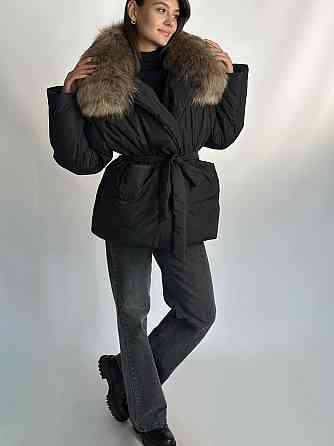 Жіночий зимовий чорний пуховик Aria Raccoon з натуральним хутром єнота 54 Харків