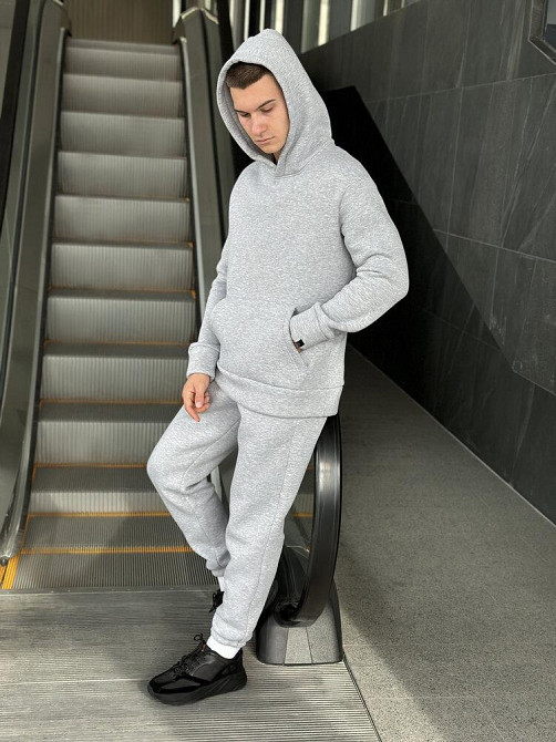 Теплое мужское худи на флисе с капюшоном серое меланжевое Pobedov 008 ЗИМА Киев - изображение 2