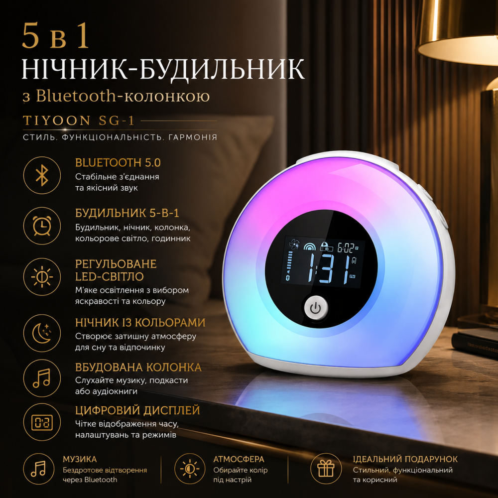 Уцінка: Багатофункціональний нічник-будильник 5 в 1 з Bluetooth-колонкою TIYOON SG-1 (Колір: Білий, Регульоване LED-світло, Blueto Київ - фото 7