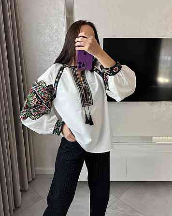 Женская современная вышиванка с завязками и кисточками 80% хлопок, 20% полиэстер 46 Одесса