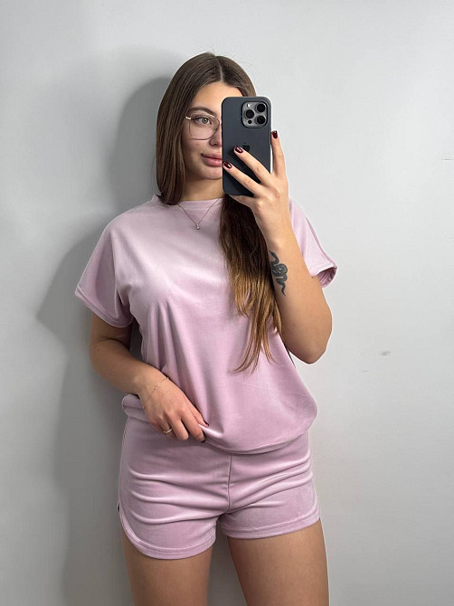 Пижама женская футболка+шорти+штаны из плюшевого велюра Розовый S Харьков - изображение 3