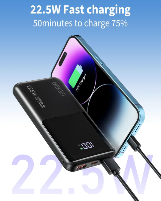 Power Bank 20000 мАч 22,5 Вт, быстрая зарядка PD 20 Вт, QC 4.0, USB-A + Type-C, 3 порта, LCD-дисплей Киев - изображение 3