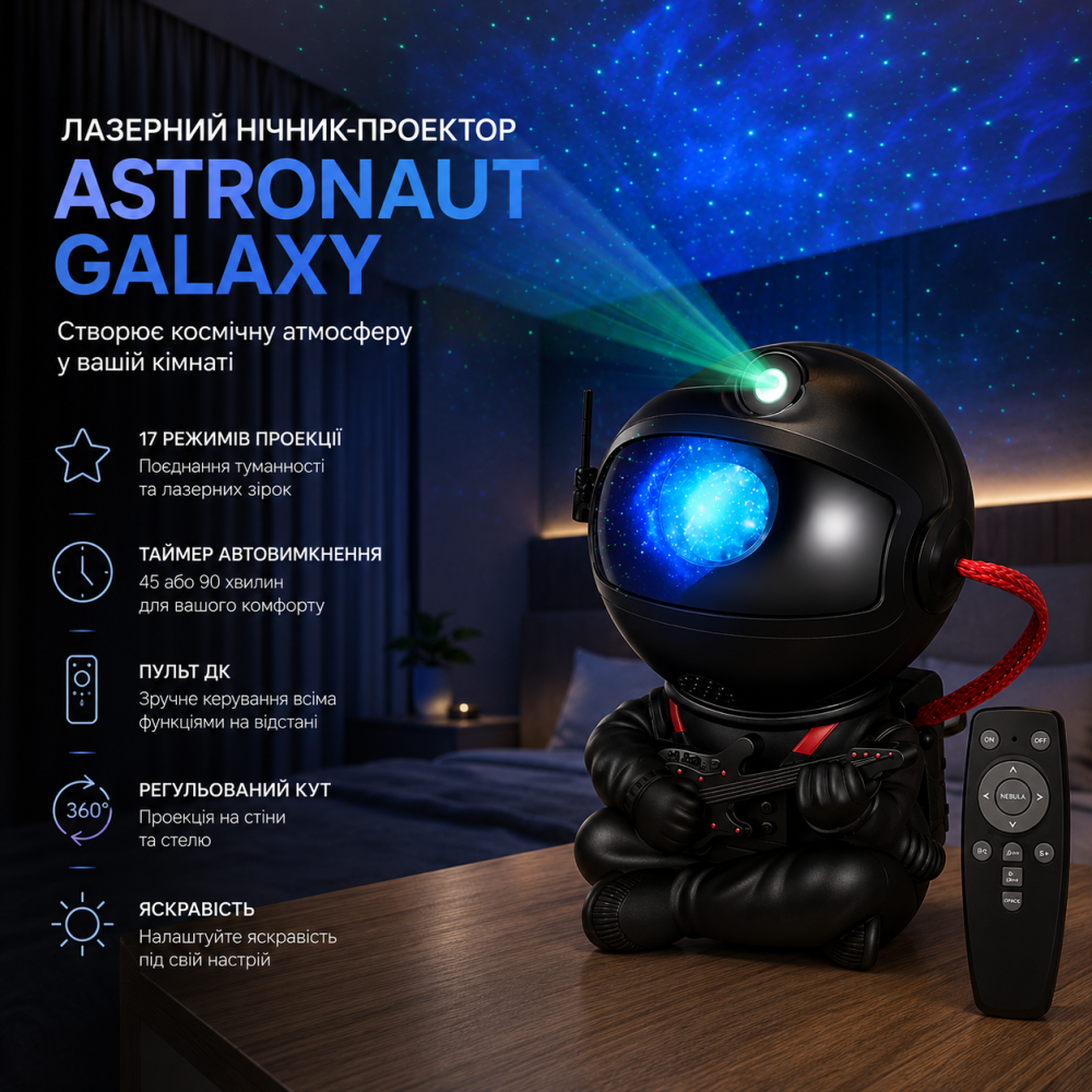 Лазерный ночник-проектор звездного неба Astronaut Galaxy, проектор Космонавт с лазерными звездами, 17 режимов, пульт ДУ, таймер Киев - изображение 7