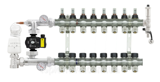 Колектор в зборі на 8 пар виходів нержавійка  "Raftec" для Теплої Підлоги з розходомірами Чернівці