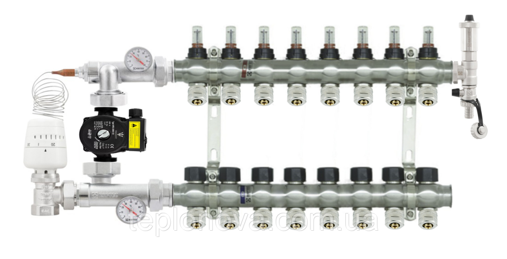 Колектор в зборі на 8 пар виходів нержавійка  "Raftec" для Теплої Підлоги з розходомірами Чернівці - фото 1
