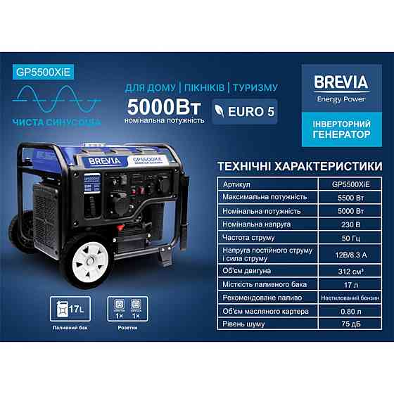 Генератор Brevia инверторный бензиновый 5,5кВт (ном 5,0кВт) с электростартером Днепр