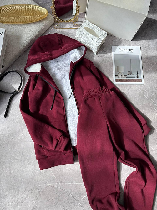 Женский теплый повседневный костюм двойка: худые+штаны, трехнить на флисе + мех Бордо, 50/52 Одесса - изображение 1