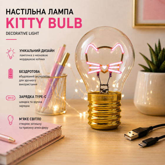 Настольная лампа Legami Kitty Bulb Fiction, декоративный светильник в форме лампочки, беспроводная, USB Type-C, стекло и металл Киев
