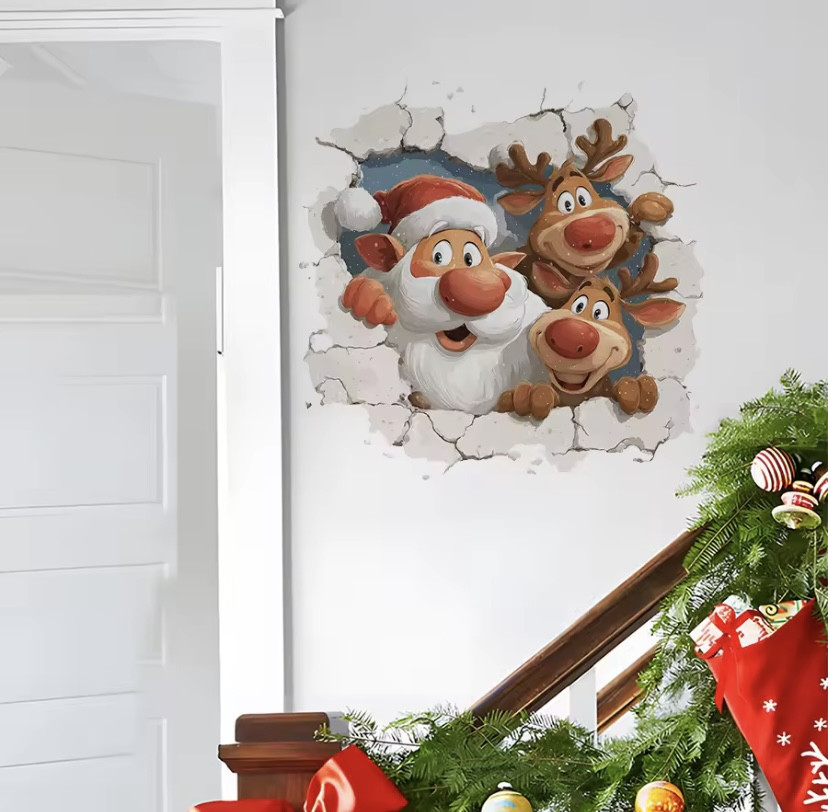 Новорічна наклейка Санта Клаус та Олені 40 на 40 см різнобарвний Київ - фото 3