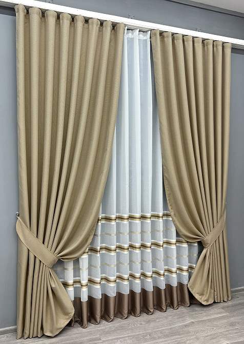 Комплект штор VR-Textil Лен Мешковина 150х270 2шт и Тюль 400х270 292ш-1579т Бежевый с молочным 71-160/3 Киев - изображение 2