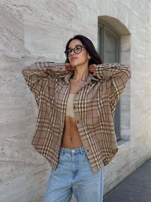 Женская теплая рубашка свободного кроя в клетку турецкая байка Бежевый, 42/44 Одесса - изображение 2