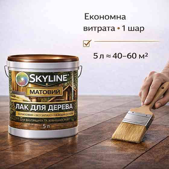Лак для дерева Skyline напівматовий акриловий прозорий без запаху для внутрішніх та зовнішніх робіт 5 л Харків