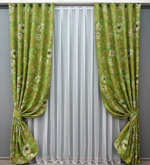 Комплект готових штор VR-Textil Льон з квітковим принтом "Прованс" № 1726ш Оливковий 100х270 см 2 шт (31-902) Київ - фото 6