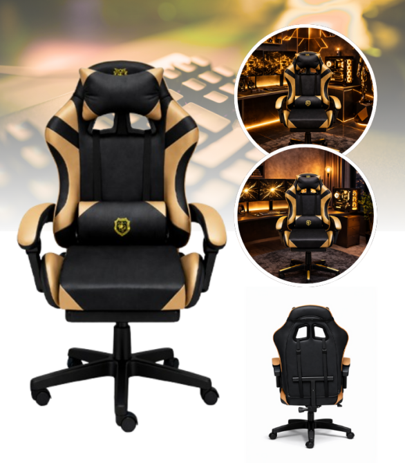 Геймерское кресло Primaveo с эргономичными подушками и выдвижной подставкой для ног, Черный/Золотой Киев - изображение 1