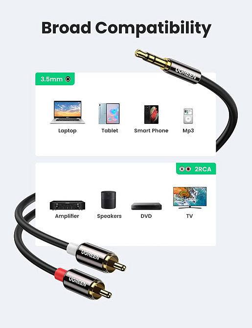 Аудио кабель 3.5 mm to 2RCA стерео разветвитель Ugreen AV116 10590 (Черный, 3м) Николаев - изображение 7