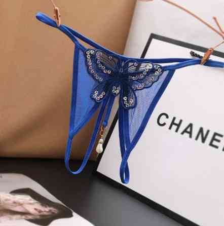 Сексуальні стрінги з метеликом та паєтками сині - розмір універсальний, резинка до 84см Київ
