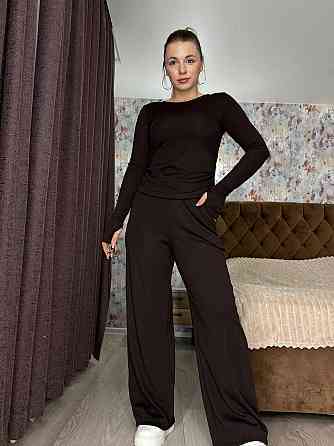 Женский теплый базовый костюм двойка: лонгслив и штаны джерси на флисе Шоколад, 42/44 Одесса