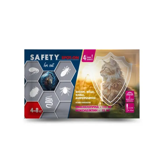 Противоразитарные капли SAFETY SPOT-ON для кошек весом от 4 до 8 кг (1 мл) №20 Винница