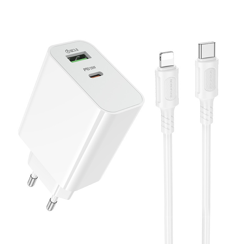 Мережевий зарядний пристрій з кабелем BOROFONE BA106A Stellar PD20W+QC3.0 charger set (C to iP) (EU) White Одеса - фото 1