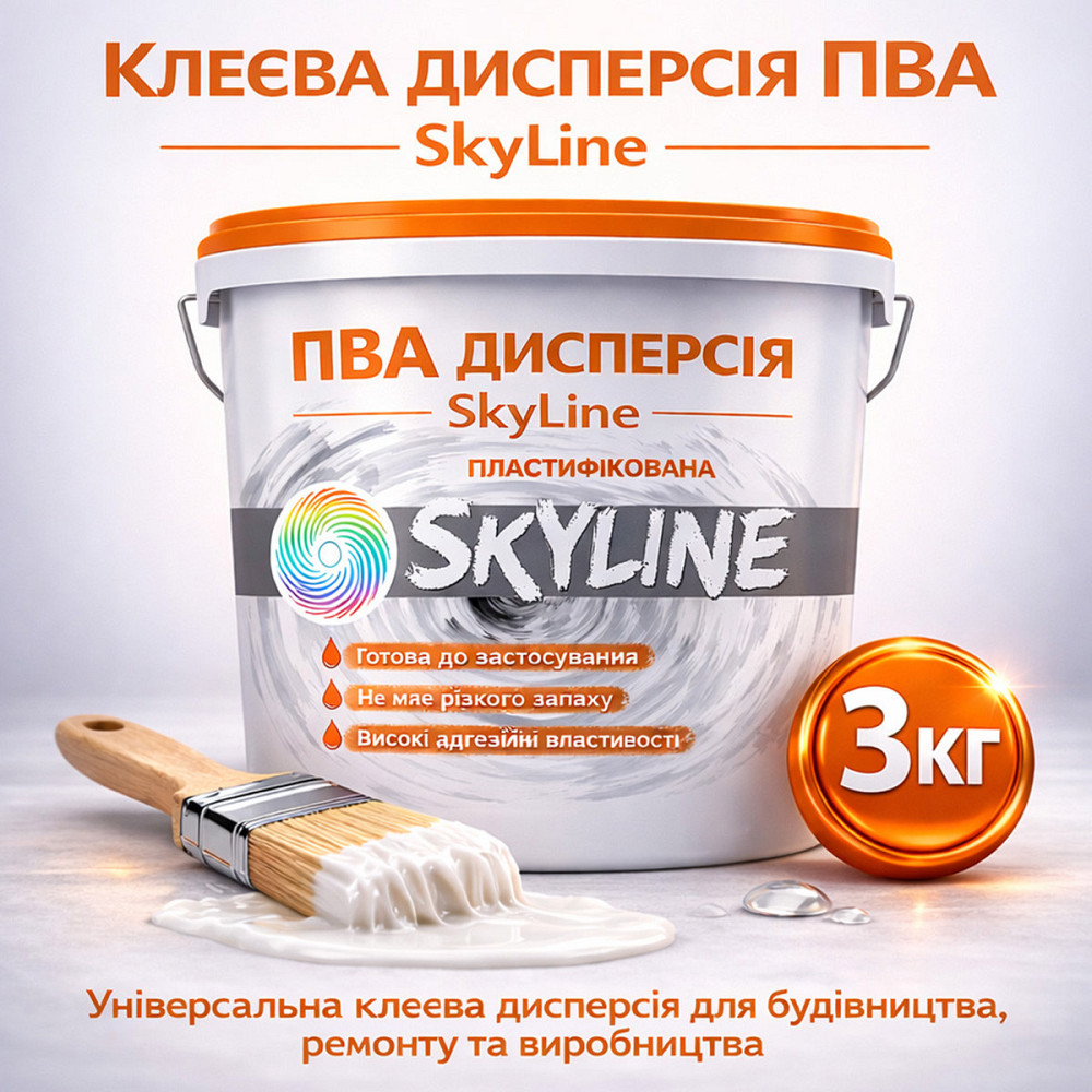 Клеєва дисперсія ПВА пластифікована SkyLine 3 кг універсальна, готова до застосування для дерева та будівельних сумішей Харків - фото 1