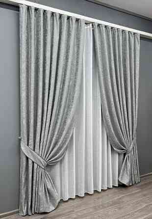 Комплект штор VR-Textil Льон Мармур 100х270 2шт і Тюль 400х270 1911ш-115т Світло-сірий з білим 71-131/2 Київ