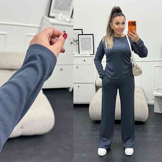 Женский базовый костюм двойка: лонгслив и штаны трикотажный рубчик Графитовый, 42/44 Одесса