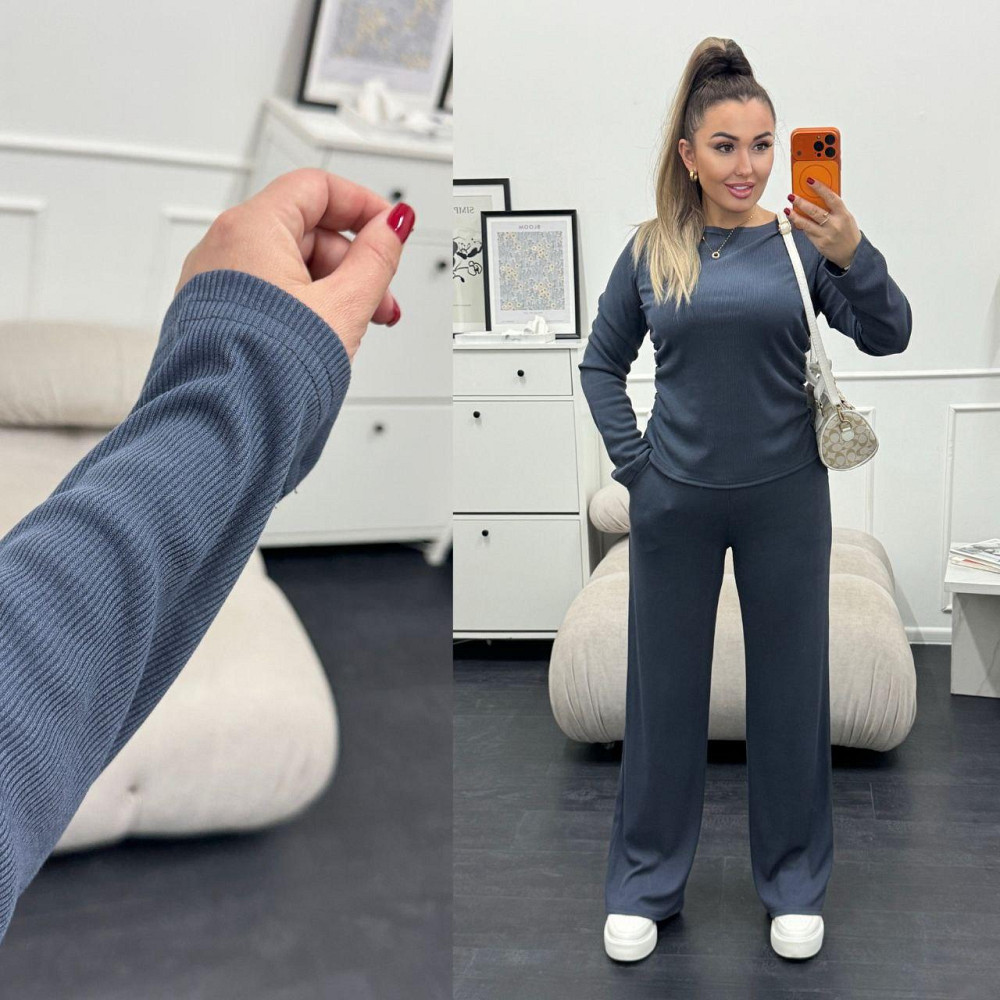 Женский базовый костюм двойка: лонгслив и штаны трикотажный рубчик Графитовый, 42/44 Одесса - изображение 3