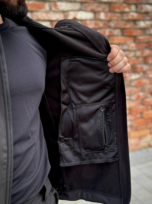 Военный мужской демисезонный костюм soft shell, тактическая черная форма с липучками для шевронов и капюшоном Львов - изображение 7