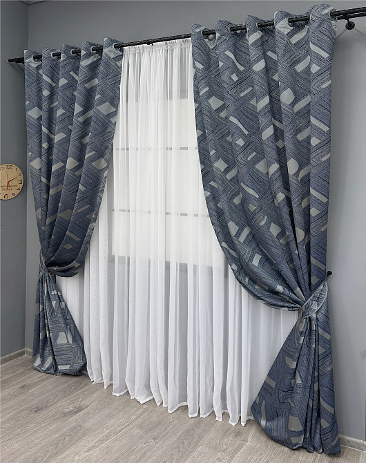 Комплект штор на люверсах VR-Textil Жаккард Mystery № 1628ш Синий с серым 150х270 см 2 шт (37-0206) Киев - изображение 3