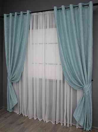 Комплект штор на люверсах VR-Textil Льон мармур Pavliani № 1371ш 150х250 см 2 шт Темно-блакитний (37-0052) Київ