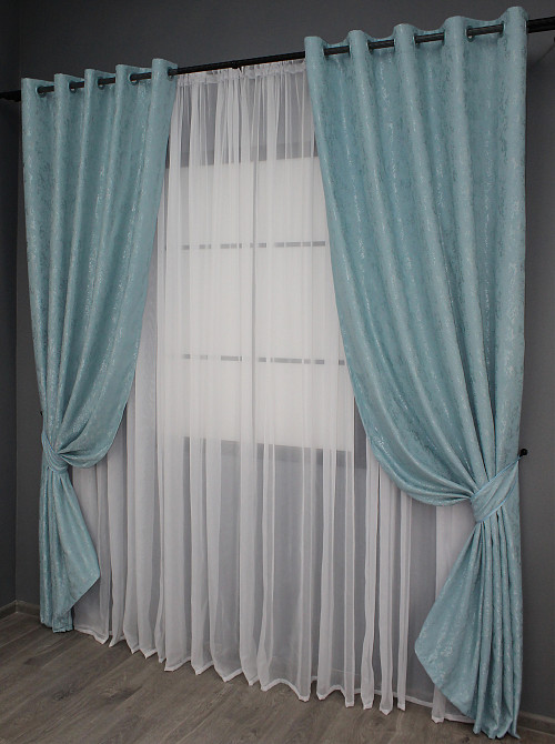 Комплект штор на люверсах VR-Textil Лен мрамор Pavliani № 1371ш 150х250 см 2 шт Темно-голубой (37-0052) Киев - изображение 3